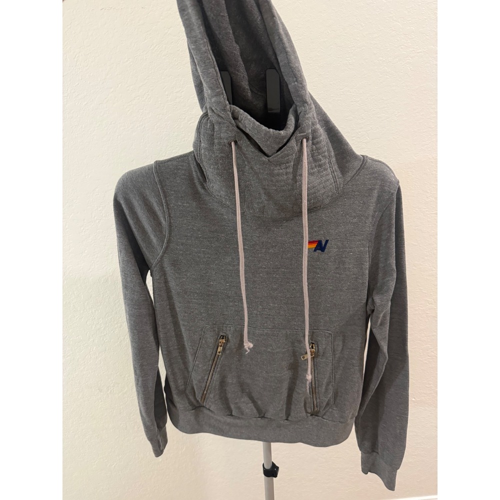 Aviator Nation Mens Gray Funnel Neck Ninja Hoodie Rainbow Logo Zip Pocket S
